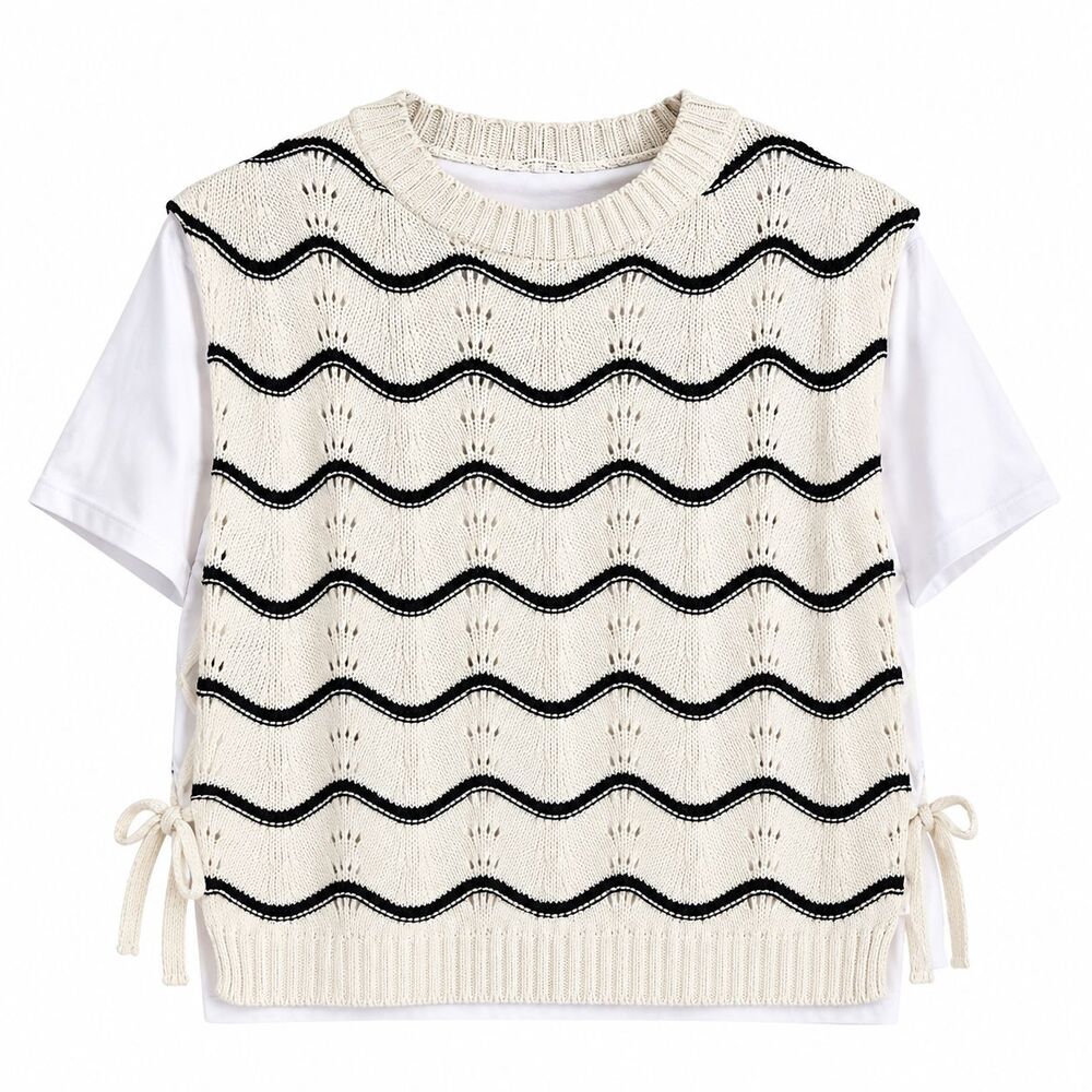 Zara Women M Contrast T-Shirt Chunky Knit Sweater Vest Ecru Navy Side Tie Top